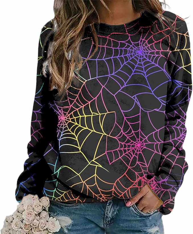 MARSVOVO Fall Sweatshirt for Women Novelty Spider Web Shirt Dressy Casual Crewneck Tunic Tops Spring Graphic Pullover