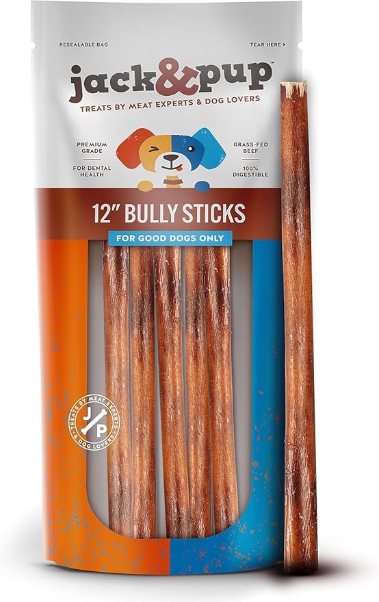 Jack&Pup 12 Inch Standard Bully Sticks for Medium and Large Dogs (18 Pack) Single Ingredient Dog Chew Bully Stick