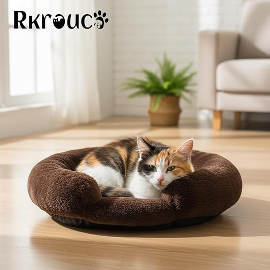 Fluffy Dog Bed Calming Donut Beds for Large Dogs Warming Round Small Medium Pet Nest Cozy Cat Mattress Indoor Washable Puppy Kennel Kittens Sleep Mat (XS, 20×20 inch, Brown)