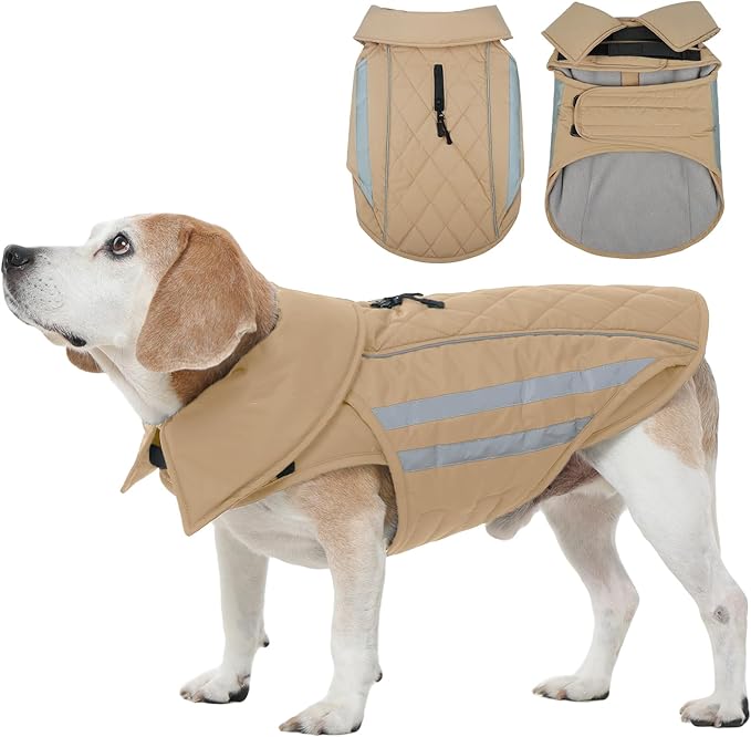 IECOii Dog Cold Weather Coats - Waterproof Winter Snow Jacket with Cozy Fleece Lining, Adjustable Snowsuit Reflective Large Dogs Hunting Vest for Pitbull, Mashine Washable, Khaki, Sizes XL