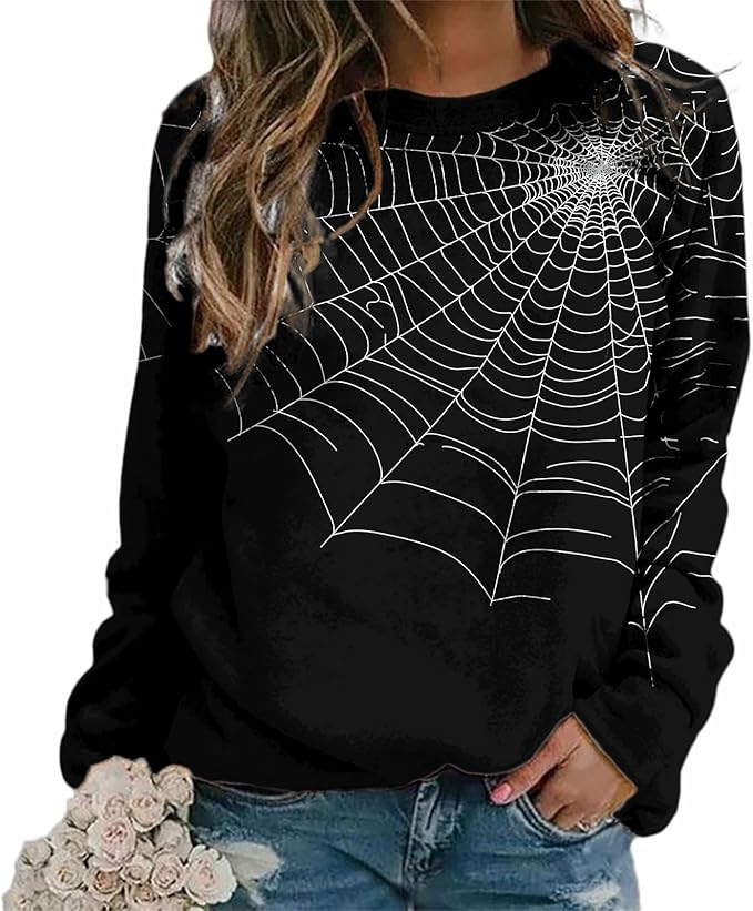 MARSVOVO Fall Sweatshirt for Women Novelty Spider Web Shirt Dressy Casual Crewneck Tunic Tops Spring Graphic Pullover