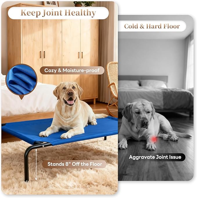 Elevated Dog Bed for Large Dogs, Washable Raised Cot with Skid-Resistant Feet, Waterproof Cooling Dog Beds with Oxford Cloth, Indoor/Outdoor Use, Blue 50in