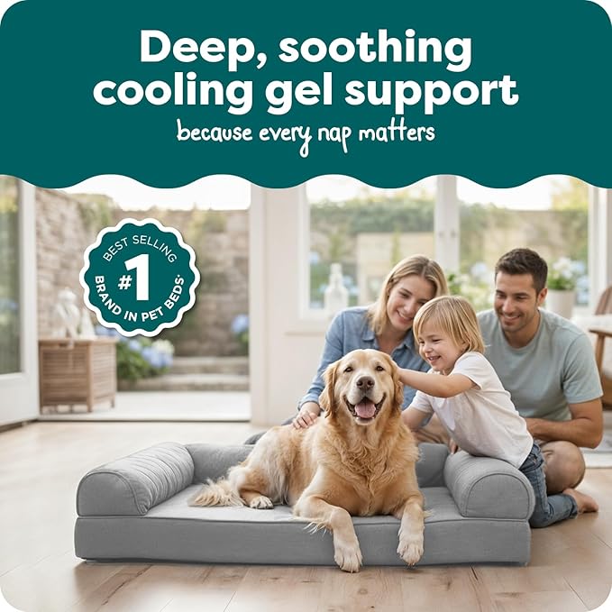 FurHaven Cooling Gel Dog Bed for Large Dogs, L-Shaped Chaise with Cool Gel-Top Foam with a Solid Orthopedic Foam Base for Joint Support, Removable Washable Cover, Jumbo/XL, Plush & Suede, Stone Gray