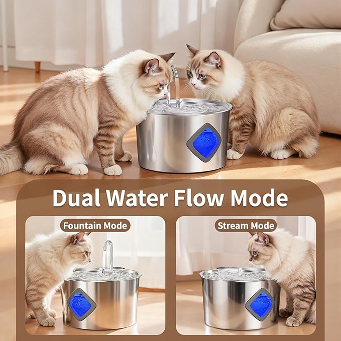 JIXZEN Cat Water Fountain Stainless Steel: 108oz/3.2L Automatic Pet Water Fountain for Cats Indoor- Quiet Cat Water Bowl Dispenser- Drinking Fountain for Small Dogs & Kitties-4 Filters + 4 Sponges