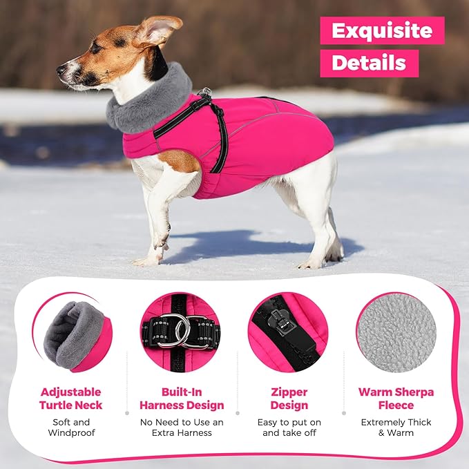 Queenmore Large Dog Coat,Dog Jacket for Extra Large Dogs with Harness Built in,Reflective Waterproof Dogs Jackets with Fleece Lining,Warm Snowsuit Pet Coats for Doberman,Labrador,Rosered,XXL