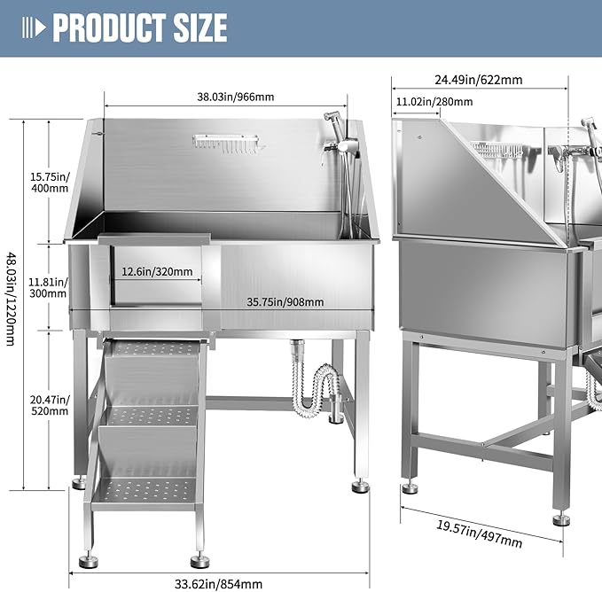 38" Dog Washing Station, Professional Stainless Steel Dog Bathing Station, Equipped with Anti-Slip Ramp, Removable Door, Upgraded Spray Nozzle&Hose - Ideal for Home, Pet Grooming Salon,L-RAMP