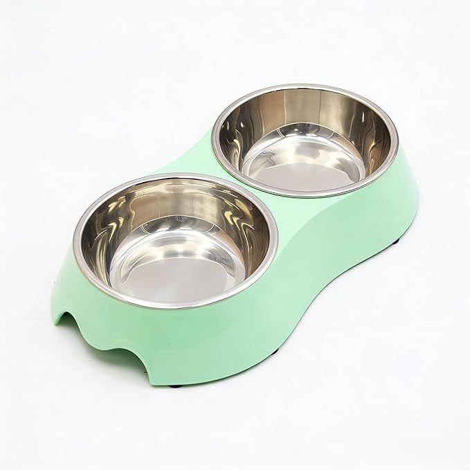 Small Green Double Pet Bowl – Non-Slip Stainless Steel Food & Water Set for Cats, Kittens & Small Dogs, BPA-Free Mess-Free Feeding Dishes