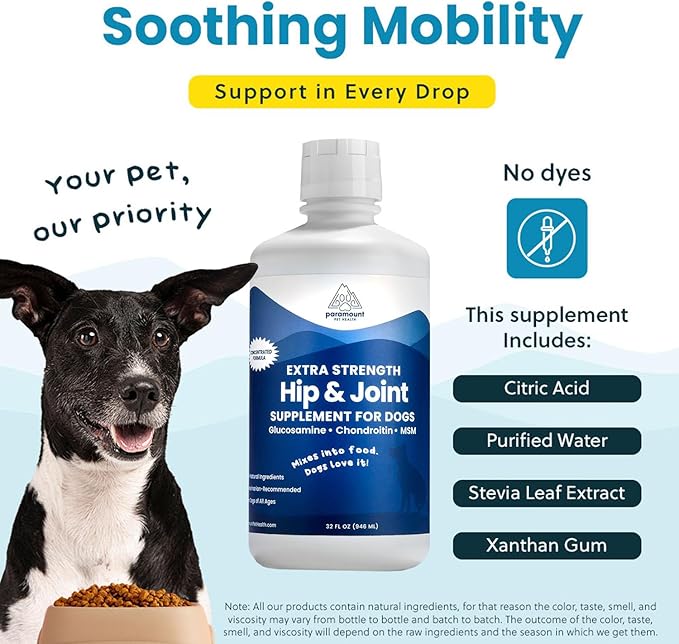 Paramount Pet Health Liquid Glucosamine for Dogs, Hip & Joint Supplement with Chondroitin & MSM, 32 oz Mobility Support for Large Dogs, Human-Grade Joint Care Made in GMP & FDA Registered Facility
