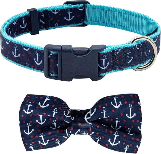 azuza Anchor Dog Collar with Bow Tie, Soft and Comfortable Adjustable Bowtie for Small Dogs
