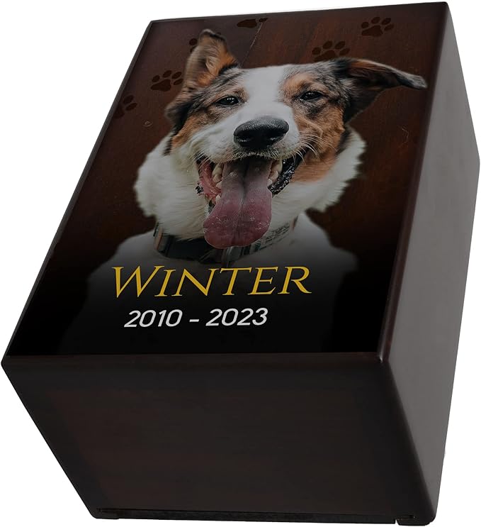 Custom Pet Keepsake Urns for Dogs, Wooden Box for Pet Ashes with Photo for Your Beloved Pets, Pet Cremation Urns as Sympathy Gifts for Pet Lovers - Small, 6" x 4" x 2.75" (Design 6)