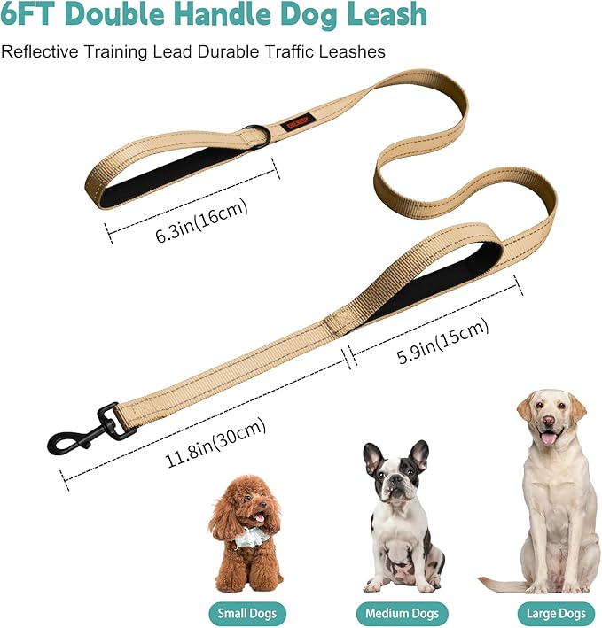 Heavy Duty Double Handle Leash - Reflective Training Lead for Large Breed Dogs (6FT Khaki)