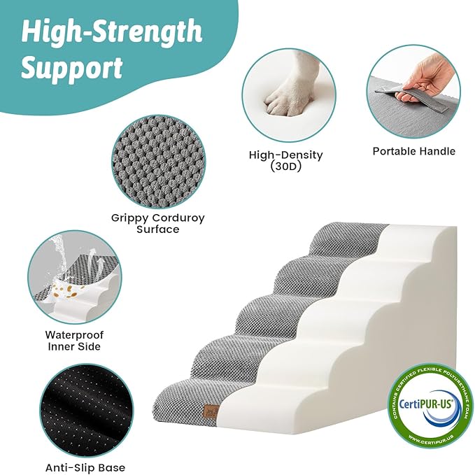 Dog Stairs for Small Dogs 19.7" H, 5-Step Slope Dog Steps for Bed, Couch or Chair, Sturdy Pet Ramp for Puppy, Older Cat, Pet Ladder with High Density Foam, 15.7x33x19.7 inch, Gray
