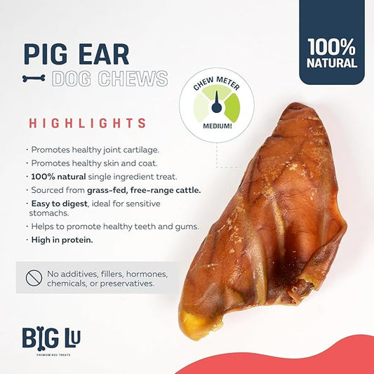 Big Lu – Whole Pig Ears for Dogs, Bulk 30 Count, All-Natural Single-Ingredient Pork Treats for Medium and Large Dogs, Easily Digestible, Supports Joint Health with Glucosamine and Chondroitin