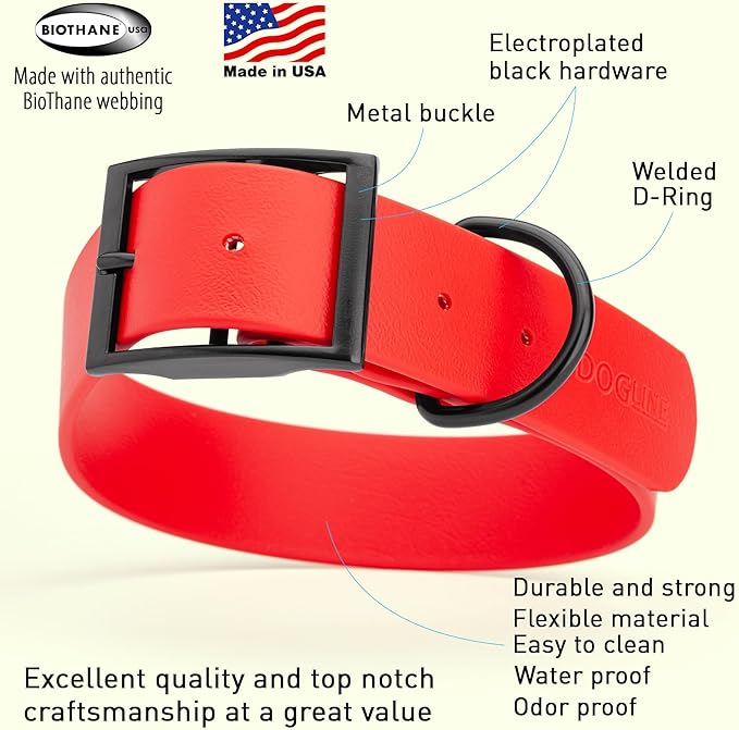 Dogline Biothane Coated Webbing Dog Collar with Black Metal Hardware: Durable Easy-Clean Everyday Collar for Dogs - Comfortable Adjustable Odor-Resistant Pet Collar, W1.5 x L20-24", Cherry Red