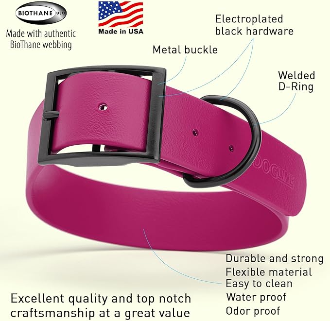 Dogline Biothane Coated Webbing Dog Collar with Black Metal Hardware: Durable Easy-Clean Everyday Collar for Dogs - Comfortable Adjustable Odor-Resistant Pet Collar, W1.5 x L24-28", Magenta Pink