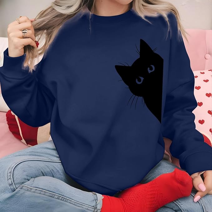 Cat Sweatshirts for Women Graphic Print Sweatshirt Funny Long Sleeve Shirt Cute Pullover Lightweight Hoodie Tops