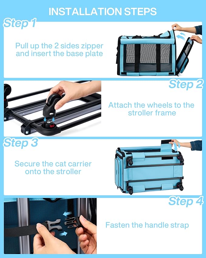 MILADA Extra Large Cat Carrier with Wheels for Big Cats & Small Dogs Soft Sided Rolling Pet Carrier Detachable XL Cat Stroller for Travel, Hiking, Vet & Hospital Use, Blue