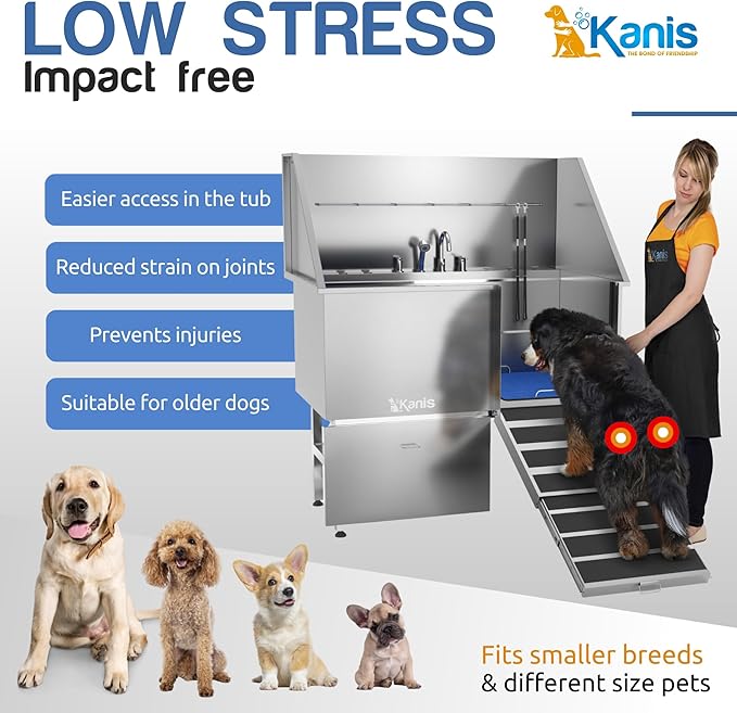 KANIS - 49" Professional Electric Dog Grooming Table, Black + 50" Professional Stainless Steel Dog Bathing Station, Right RAMP