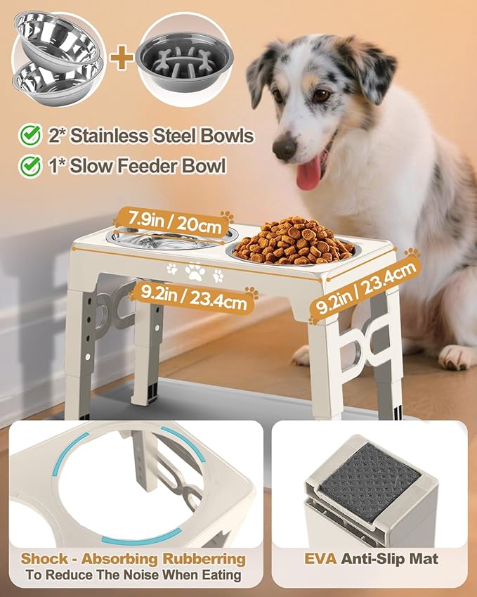Elevated Dog Bowls, Dog Feeder with Stainless Steel Dishes & Slow Feeder Bowl, 5 Heights Adjustable Raised Stand for Medium Large, Food Dishes with Non-Slip Feet
