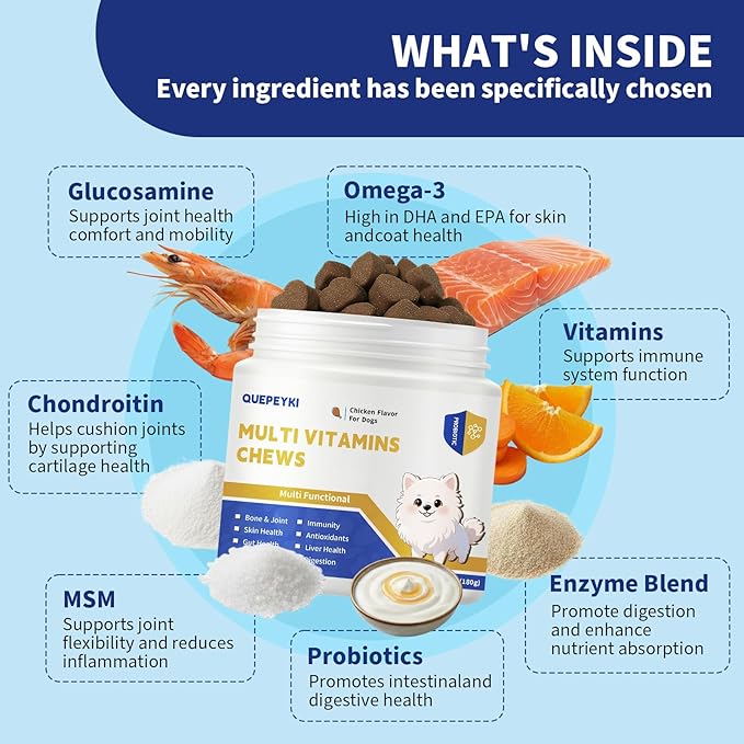 Dog Multivitamin Chewable Dog Vitamins and Supplements with MSM & Glucosamine, Omegas 3 for Gut Health Joint Support Skin & Coat Heart Health Digestion Immune System - Chicken Flavored, 90 Ct