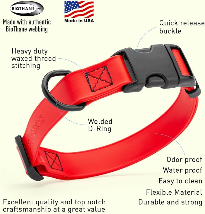 Dogline Durable Biothane Waterproof Collar for Dogs - Odor-Resistant Coated Webbing, Quick-Release Design, Comfortable Adjustable Fit, 1" W by 15-25" L, Cherry Red