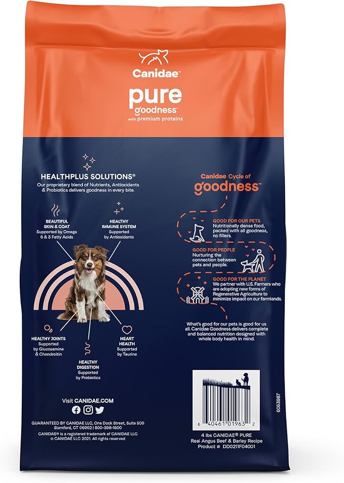 CANIDAE Pure Farm to Bowl Grass-Fed Beef & Barley Dry Dog Food, Adult, 4lb