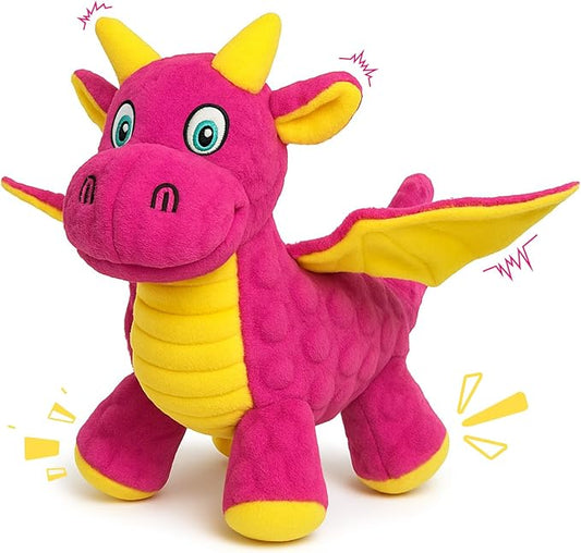 Squeaky Dog Toys - Soft Plush Dragon Dog Toy with 5 Squeakers & Crinkle Paper, Dog Toys for Small, Medium and Large Dogs (Pink,10")