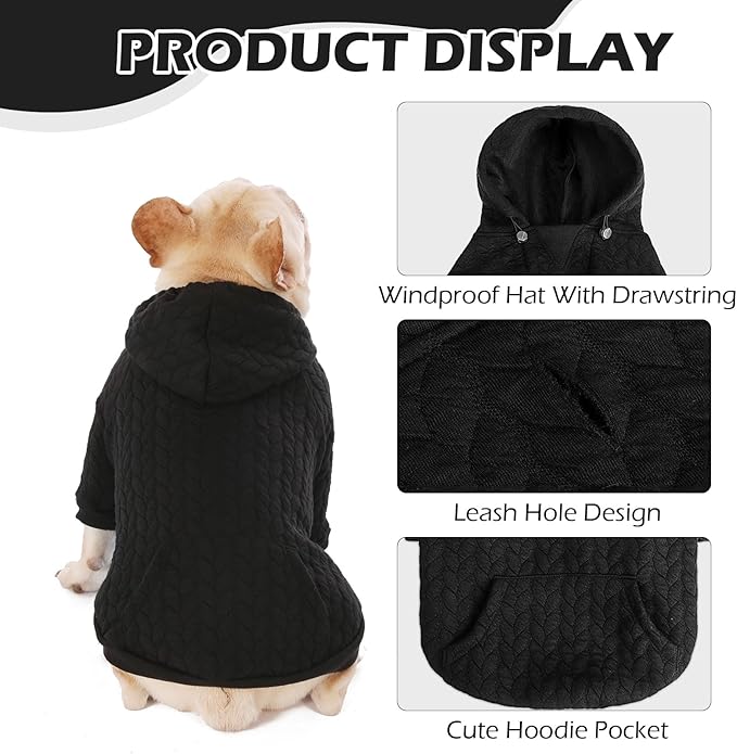 EXPAWLORER Textured Cable Knit Basic Dog Hoodie, Elevated Style Dog Sweater with Leash Hole and Pocket, Soft and Warm Pet Winter Coat, Cold Weather Clothes for Small Medium Large Dogs Cats,Black XL