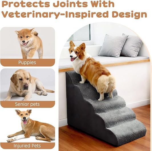 Makigued Dog Stairs for Small Dogs and Cats, 23" H 5 Steps Pet Steps Ramp for High Bed, Couch, Sofa, Waterproof Pet Stairs with Removable Washable Cover, Non-Slip Bottom, Dark Gray