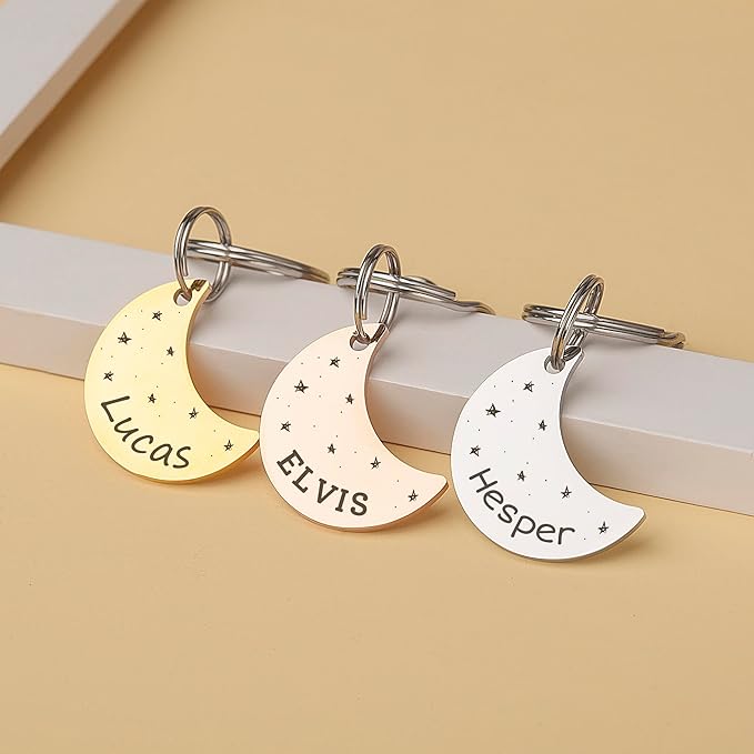 Anavia Small Size Dog Cat ID Tags, Small/XS Personalized Color Plated Stainless Steel Puppy Kitten Name Tags, Customized Engraved Nameplate Pet Collar Tag (Blue, Moon)