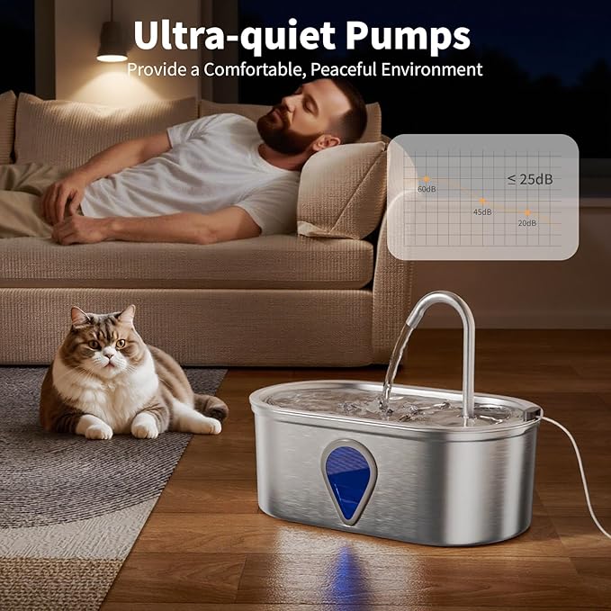 Cat Water Fountain Stainless Steel, 3.5l/118oz Cat Fountains with Water Level Window Water Fountains for Cats Indoor, Automatic Cat Water Dispenser Indoor（118oz）