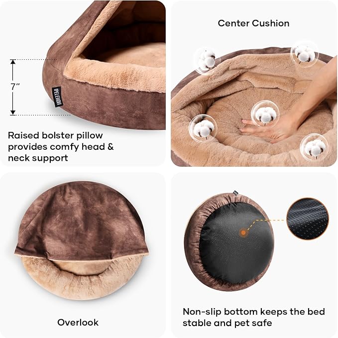 Cozy Soft Dog Bed with Hooded Blanket Warm Calming Cat Cave for Small Medium Dogs and Cats, Non-Slip Bottom & Machine Washable Pet Beds, Chocolate Brown 26x26x7″