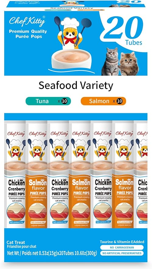Chef Kitty Purée Pops, Cat Treats, Grain-Free, Lickable, Squeezable Creamy Cat Treat/Topper with Vitamin E & Taurine, 0.5 Ounces Each Tube, 20 Tubes, Seafood Mix Variety