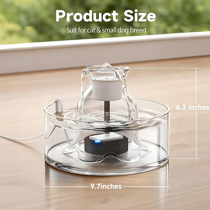 Glass Cat Water Fountain, 2.7L/91 oz Ultra-Quiet Pet Fountain, Automatic Water Dispenser for Cats & Small Dogs, Spill-Resistant Pet Water Bowl, BPA-Free, Includes 2 Filters, Effortless to Clean