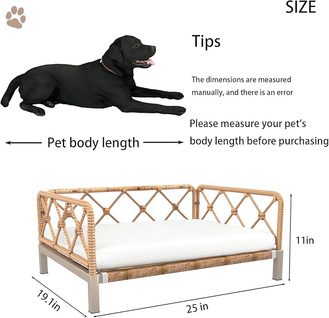 Wicker Dog Bed with 2" Cushion,Rattan Dog Sofa Bed for Small Medium Dogs– Indoor/Outdoor Metal Frame Pet Bed up 66lbs (Brown Rattan White Cushion)