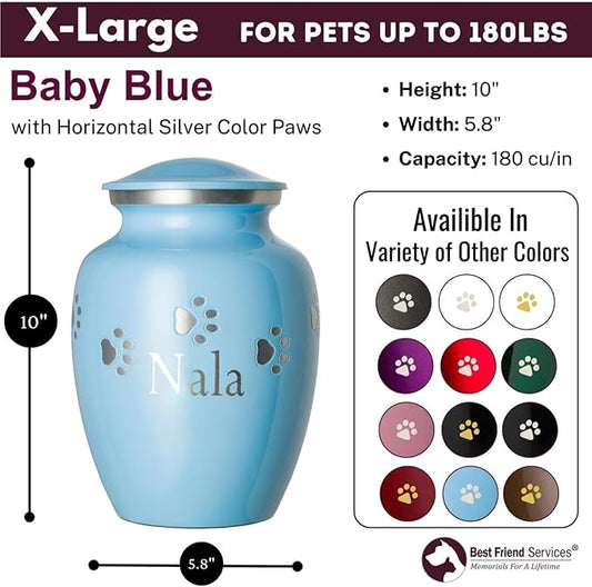 Pet Urn for Dogs and Cats with Personalized Laser Engraving, Ottillie Paws Premier Series Memorial Urns (X-Large Baby Blue with Horizontal Pewter Paws)
