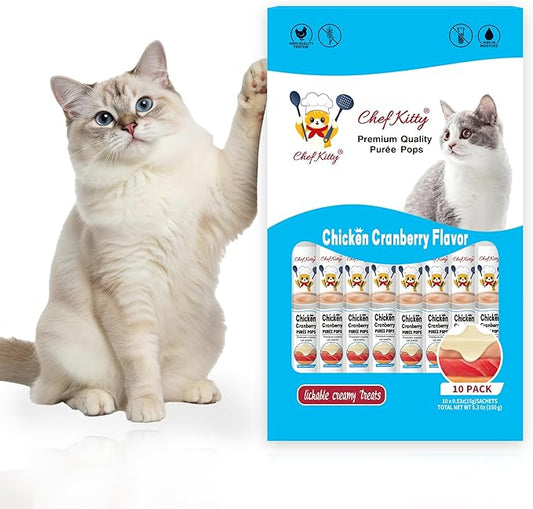 Chef Kitty Purée Pops, Cat Treats, Grain-Free, Lickable, Squeezable Creamy Cat Treat/Topper with Vitamin E & Taurine, 0.5 Ounces Each Tube, 10 Tubes, Chicken with Cranberry Recipe