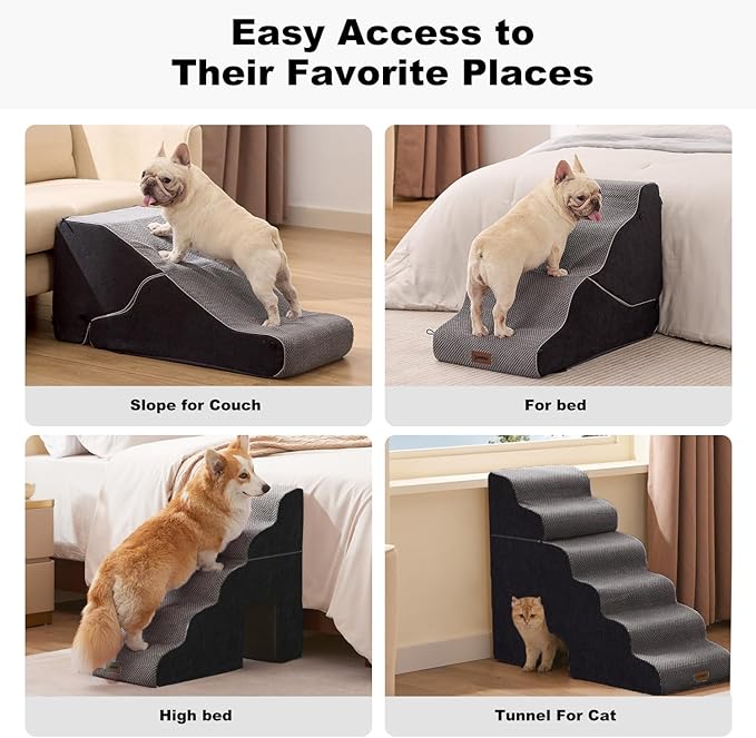 Dog Ramp for Large Dogs - 5 Steps 24" H Pet Stairs for High Bed with Tunnel 2 in 1 with Zippers Suitable, Indoor Cat Ladders with Non-Slip Bottom, Black