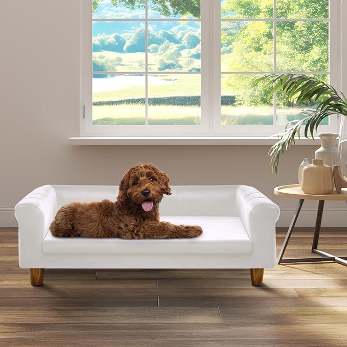 Critter Sitters 42-In. Elegant Cream Faux-Velvet Rectangular Dog Sofa for Medium and Large Dogs, Durable Elevated Dog Sofa Bed, Comfortable Dog Couch, Modern and Stylish Dog Sofa for Large Dogs