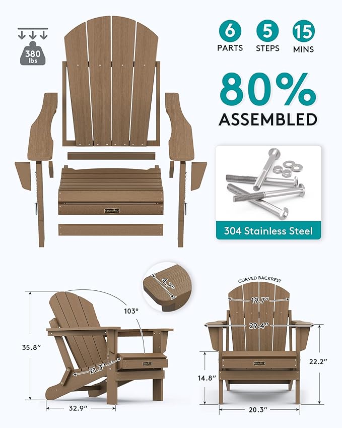 SERWALL Adirondack Chair Set of 6 for Patio Garden Weather Resistant Outdoors Fire Pit Chairs- Brown