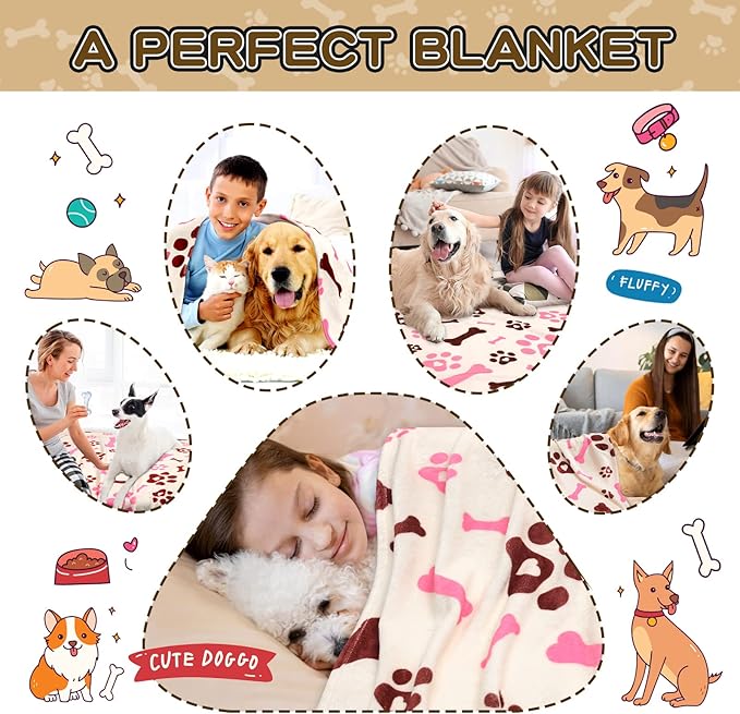 Rezutan Dog Blankets for Large Dogs, Medium Dog Blanket Soft Fluffy Premium Fleece Flannel Throw for Pet Puppy Cat Paw Blanket, Pink White, 50x60 inch