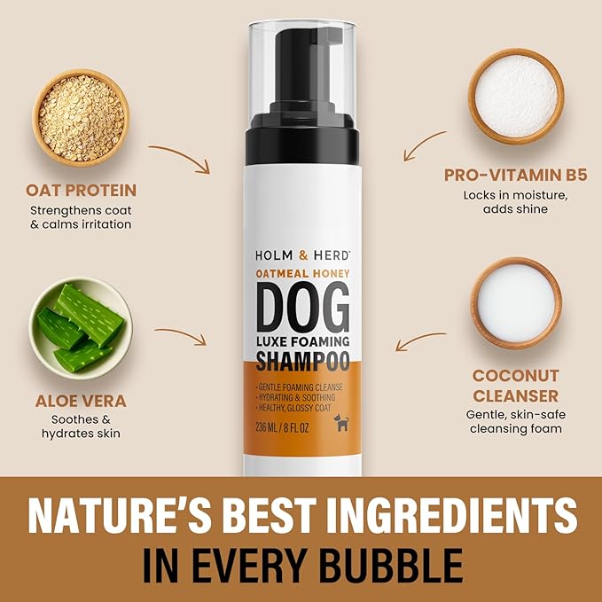 Luxe Foaming Dog Shampoo – Gentle, Moisturizing Pet Wash for Dry & Sensitive Skin – Skin Soothing, Odor Control, Shiny Healthy Coat – 8 fl oz (Oatmeal Honey)