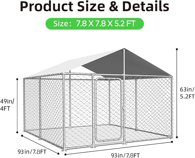 7.8x7.8 ft Outdoor Dog Kennel Outside with Metal Gate Large Dog, Outdoor Dog Pens with Roof, Heavy Duty Dog Kennel for Backyard Farm Use (93x93x63IN)