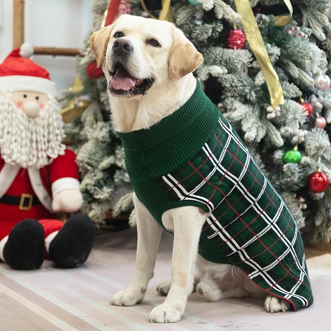 PUPTECK Dog Sweaters for Large Medium Small Dogs - Fall Classic Plaid Style Puppy Holiday Winter Coat Clothes Warm, Green, XS