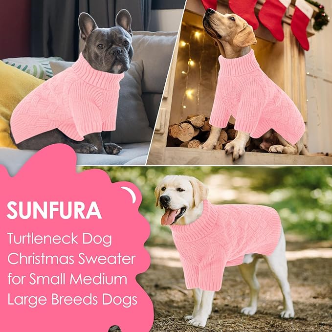 SUNFURA Dog Sweater, Medium Dog Sweaters Doggie Pullover for Fall Winter, Fleece Pet Christmas Sweaters for Holiday, Warm Turtleneck Knitwear for French Bulldog, Boston Terrier, Pink M