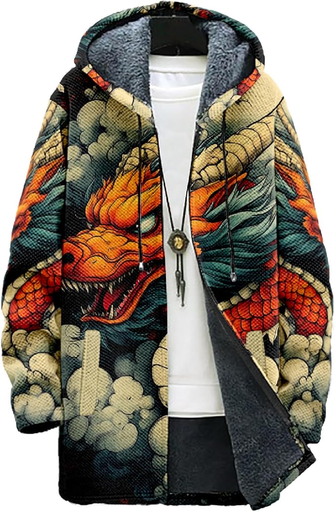 MARSVOVO Cool Hippie Long Cardigan Hoodies for Men Zipper Fleece Lined Knit Coat Skull Animal Print Graphic Jackets