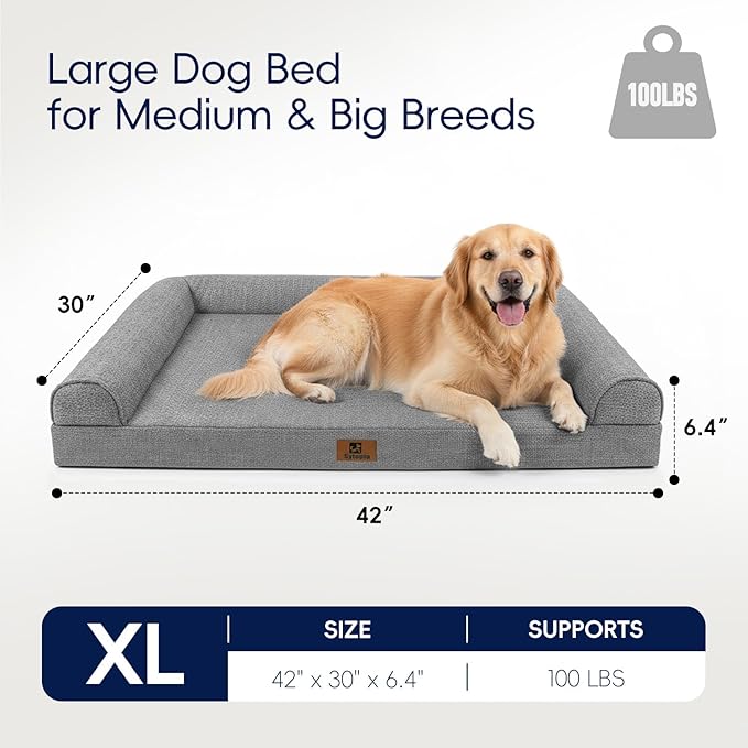 Sytopia 42 Inch Orthopedic Dog Beds for Large Dogs, Waterproof Egg Crate Foam Big Pet Bed with Washable Removable Waterproof Cover and Anti-Slip Bottom, Grey