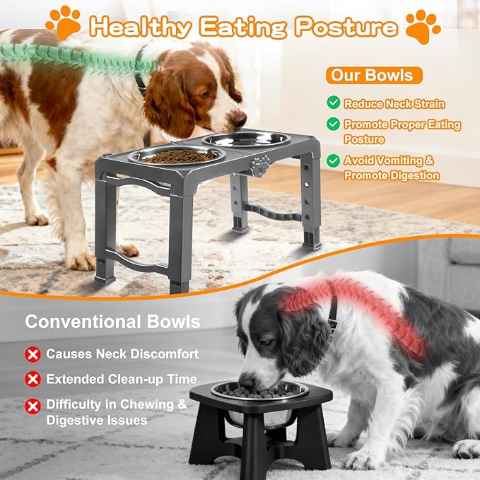 Elevated Dog Bowls with 2 Thick 50oz Stainless Steel Food Bowls, Raised Stand Adjusts to 5 Heights(3.9", 8.8", 10.4", 11.9", 13.4") for Medium and Small Dogs, Grey