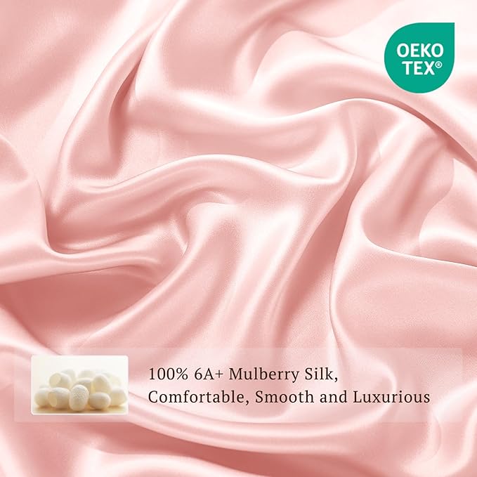 THXSILK Silk Sheet Set 4Pcs, 6A+ Top Grade 100% Natural Mulberry Silk Bed Sheets, Luxury Bedding Sets Ultra Soft Durable, 1 Fitted Sheet, 1 Flat Sheet and 2 Pillow Shams (Queen, Charming Pink)