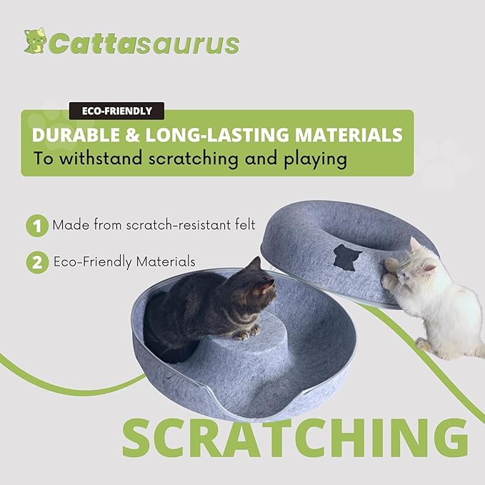 CATTASAURUS Peekaboo Cat Cave for Multiple & Large Cats Up to 30-45 Lbs, Scratch Detachable & Washable Tunnel Bed, Comfy Donut Cat Cave (Light Gray, Jumbo)